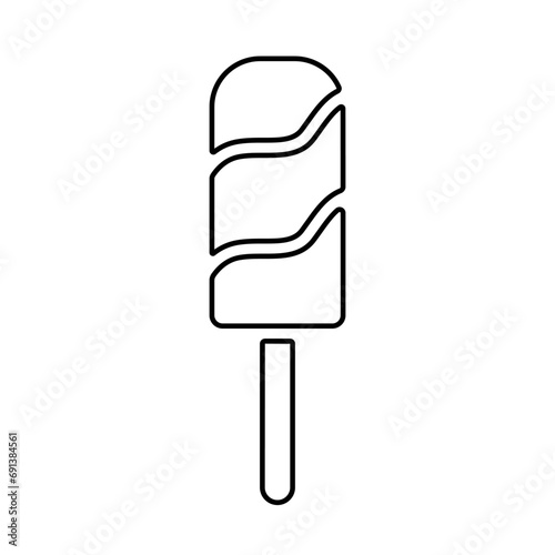 Ice cream icon, black outline clipart on white. Ice lolly or striped popsicle with stick, line style. Vector element for minimalist summer design and print, street food illustration or logo.