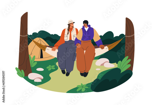 Campers, love couple relaxing in forest. Happy hikers, man and woman outdoors, sitting on hammock in nature. Summer holiday, romantic camping. Flat vector illustration isolated on white background