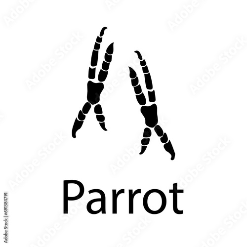 Parrot track paw print, black on white , graphic design doodle style, minimalistic , domestic pet or wild cute animal for different design uses , card , book , banner ,tattoo , fabric or other design	