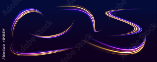 Shiny wavy path. Rotating dynamic neon circle. Colored shiny sparks of spiral wave. Curved bright speed line swirls. 