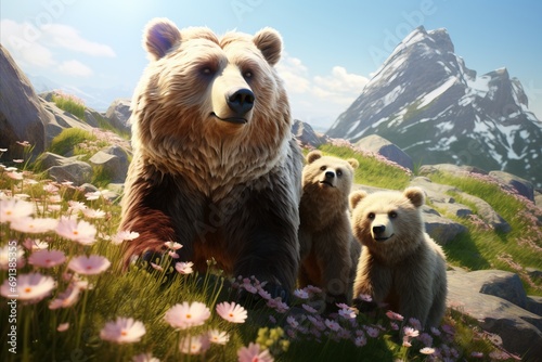 Mother Bear with Cubs Enjoying the Mountain Scenery Surrounded by Beautiful Wildflowers
