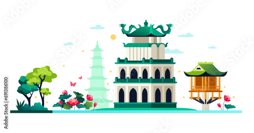 Shinto shrines in Vietnam - modern colored vector illustration
