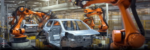 AI automatic robots are deployed at EV car production plants. The ecological mechanical production line reduces production costs. Contribute to increasing corporate profits. Concept for robots.