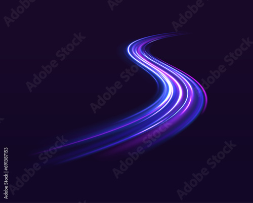 Modern abstract high-speed light motion effect on black background. Speed light streaks vector background with blurred fast moving light effect, blue purple colors on black. 
