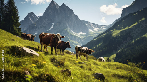 Happy cows grazing in alpine meadows. Eco friendly farming. 