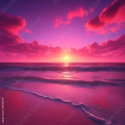 AI generated illustration of a stunning seascape against a majestic purple sunrise