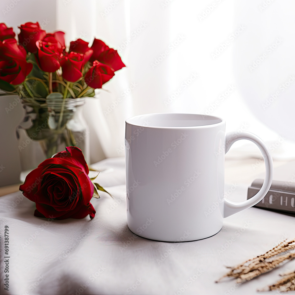White mug mockup on a wooden table with red roses in a cozy room White mug mockup on a wooden table with red roses in a cozy room