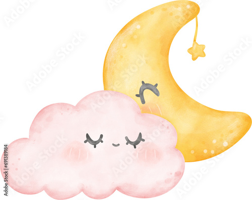 Pink cloud and moon watercolor