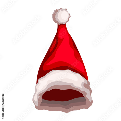 Santa Claus hat. Red holiday hat with white fur and balabon. Vector image. Santa Claus clothing, element photo