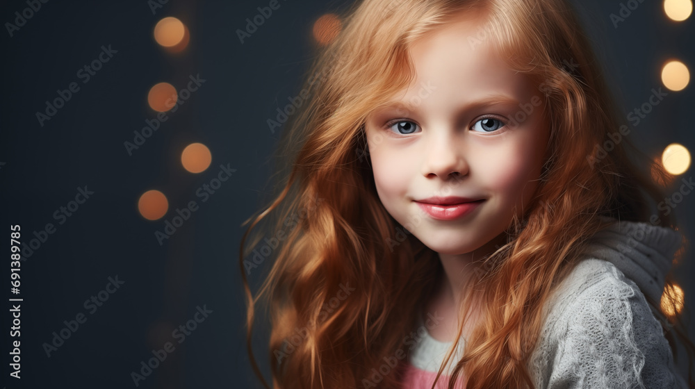 Portrait of little red-haired girl on bokeh Christmas light background. Smiling cute child with long hair on dark festive background Portrait of little red-haired girl on bokeh Christmas light background. Smiling cute child with long hair on dark festive background