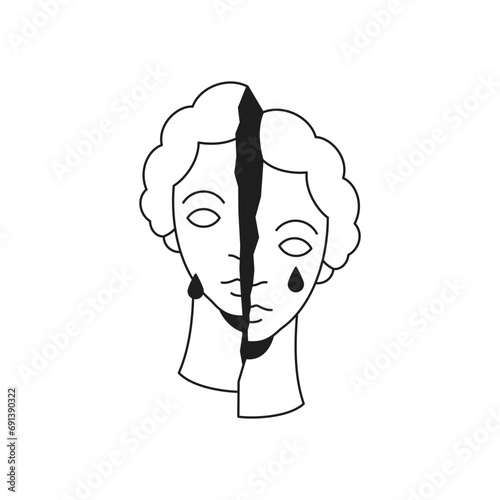 Y2k cracked crying man sculpture head monochrome line cartoon character groovy icon vector