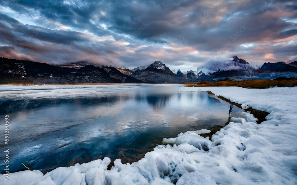 Majestic Winter Symphony, A Frozen Lake Braces for the Approaching Storm