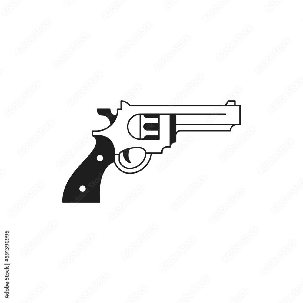 Y2k retro revolver handgun weapon monochrome line groovy icon vector illustration