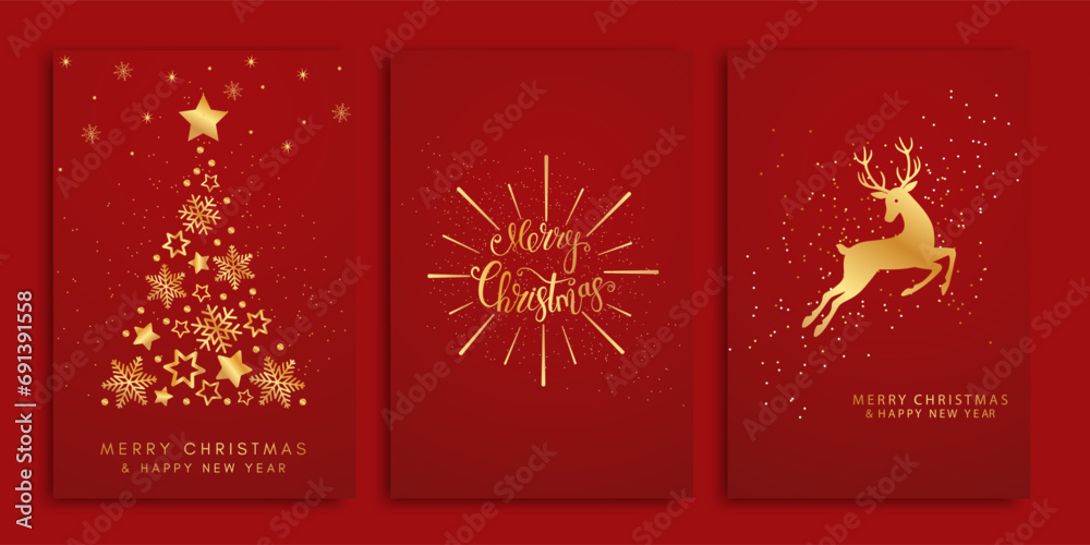 Merry Christmas and Happy New Year. Gold deer, snowflakes, Christmas trees on a red background, set of Christmas cards for your design, winter vector illustration.