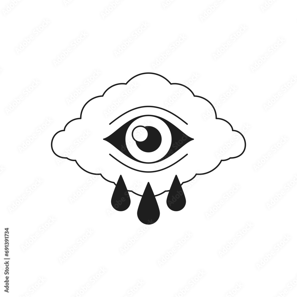 Y2k crying cloud with eye tears drops psychedelic monochrome line retro groovy icon vector