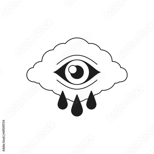 Y2k crying cloud with eye tears drops psychedelic monochrome line retro groovy icon vector