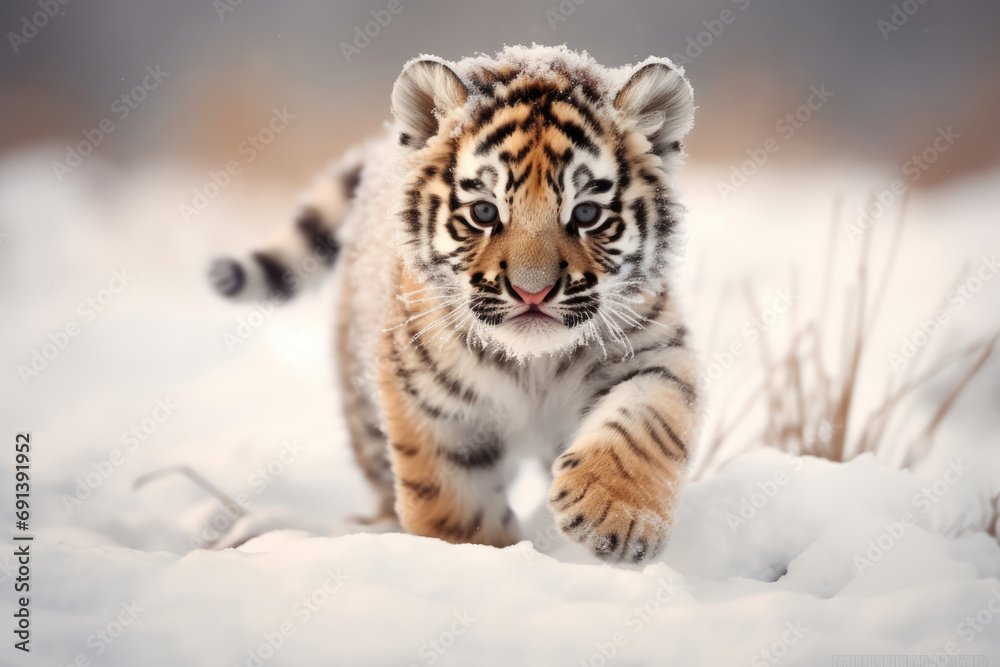 Fototapeta premium Young Tiger Cub Prowling in Snow