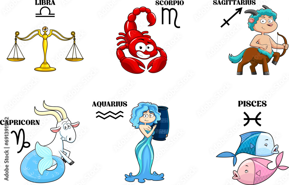 Funny Cartoon Horoscope Zodiac Sign. Vector Hand Drawn Collection Set Isolated On Transparent Background