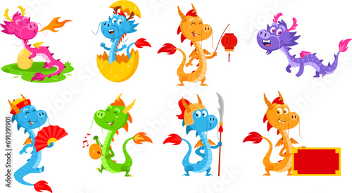 Cute Chinese Dragon Cartoon Characters. Year Of The Dragon Zodiac. Vector Flat Design Collection Set Isolated On Transparent Background