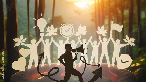 Business leader with mental health care and healthy exercise in background of nature in the forest with evening sunlight. colleague, paper cutting, team, , care, arrow, journey, banner, 3D rendering photo