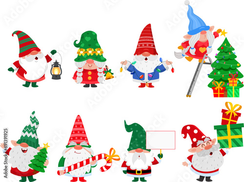 Cute Christmas Gnomes Cartoon CharactersVector Flat Design Collection Set Isolated On Transparent Background