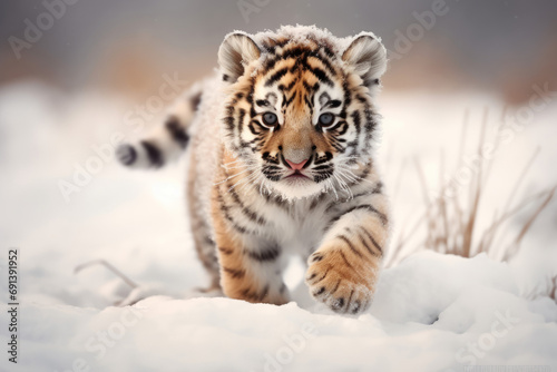 Young Tiger Cub Prowling in Snow