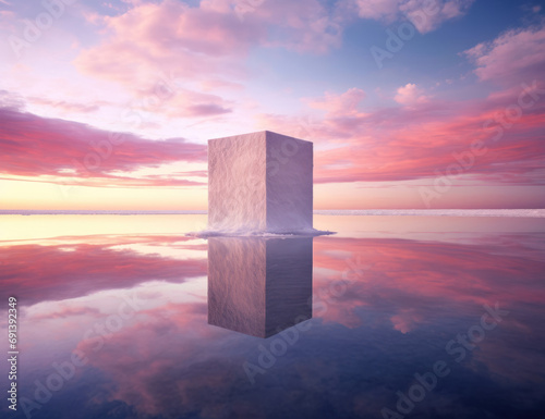 Surreal Salt Cube in Serene Lake at Sunset
