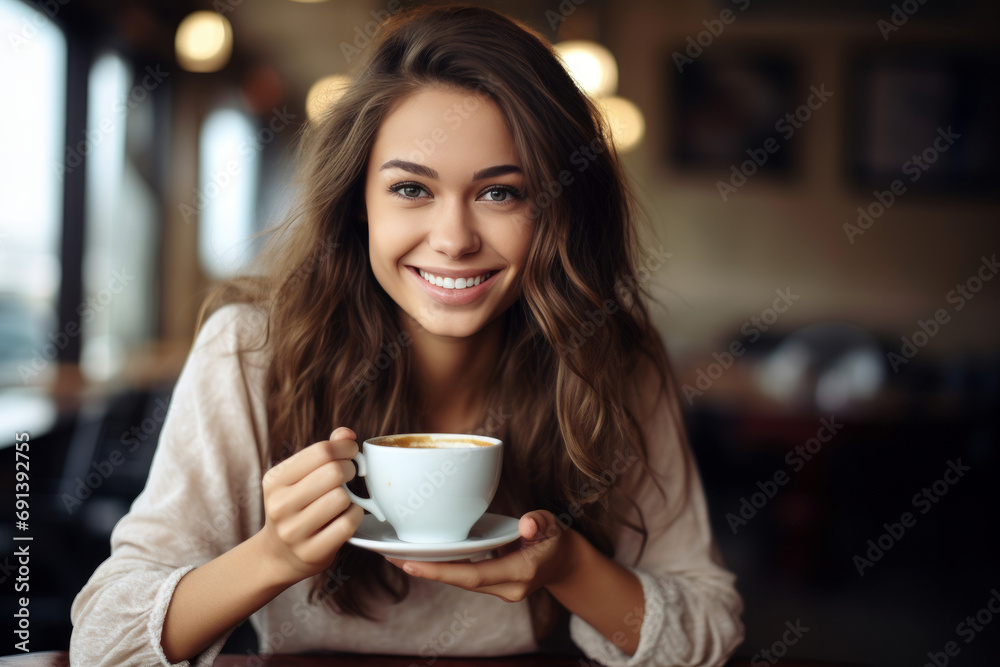 Smiling Woman Enjoying Coffee in a Cozy Cafe Smiling Woman Enjoying Coffee in a Cozy Cafe
