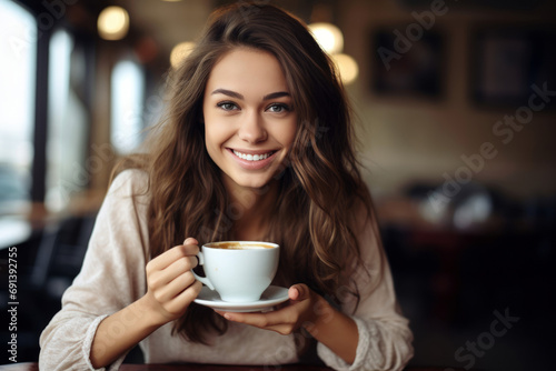 Smiling Woman Enjoying Coffee in a Cozy Cafe