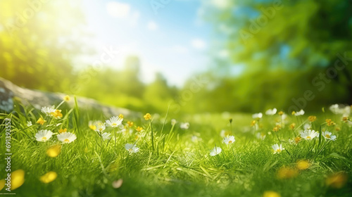 A beautiful spring summer meadow. Natural colorful panoramic landscape with many wild flowers of daisies against blue sky. A frame with soft selective focus. #691393553