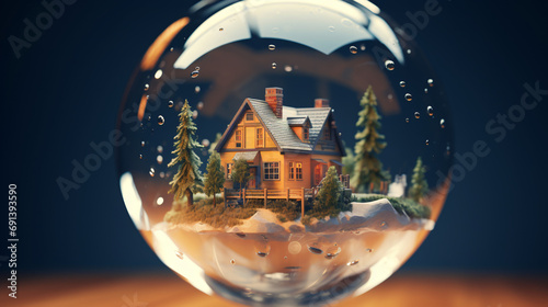 Needles surrounding house inside a floating bubble