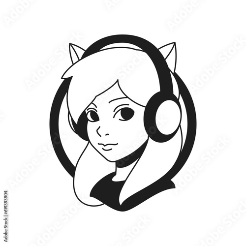 Y2k funky foxy woman in headphones DJ cyber gamer comic monochrome line retro groovy icon vector