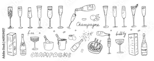Big set of champagne bottles and glasses in doodle style. Alcohol drinks. Tangerine, ice cubes, strawberry.   Great for bar menu, banner, greeting card, holiday, wedding, New Year celebration
