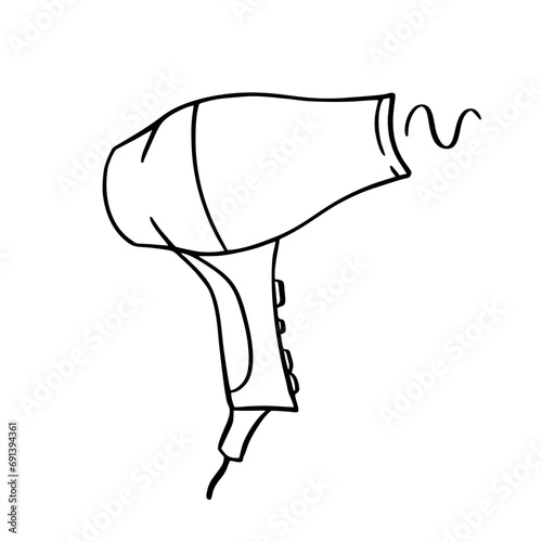 A hair dryer for pets. Pet grooming.  Doodle style hand drawn. Vector illustration.