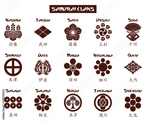 japanese kamon crests of  samurai clans on white background