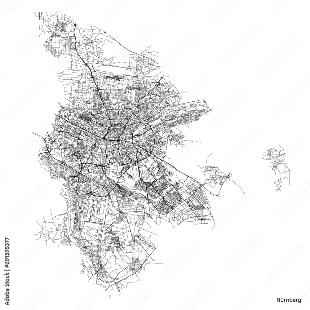 Nuremberg city map with roads and streets, Germany. Black and white. Vector outline illustration.