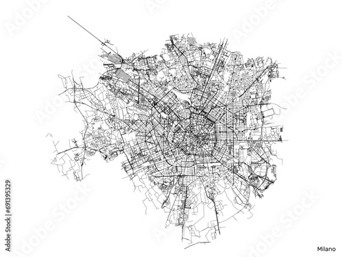 Milan city map with roads and streets, Italy. Vector outline illustration.