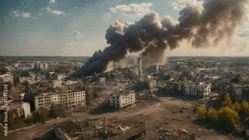 Drone Shot Of War Zone Destruction Destroyed Buildings Pain City Suffering photo