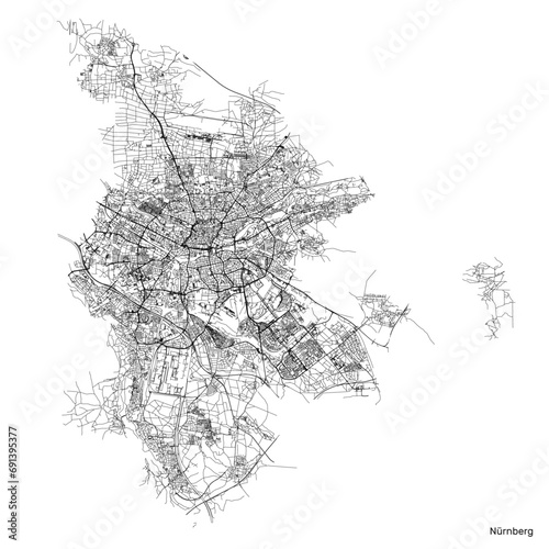 Nuremberg city map with roads and streets, Germany. Black and white. Vector outline illustration.