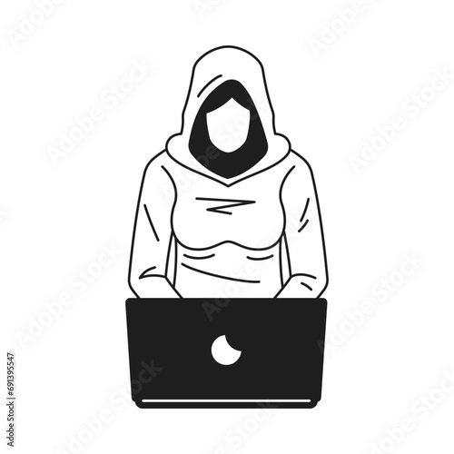 Y2k woman hacker cyber crime working laptop monochrome line retro groovy icon vector illustration