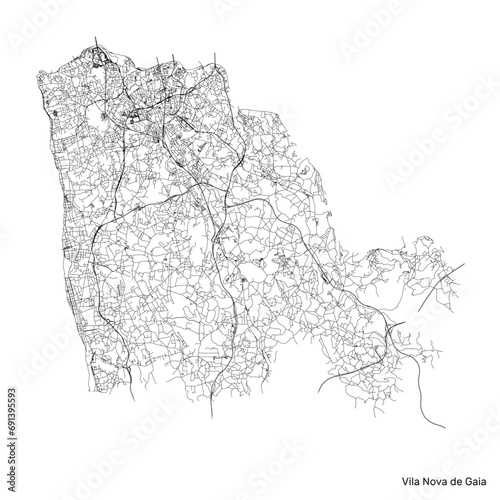 Vila Nova de Gaia city map with roads and streets, Portugal. Vector outline illustration.