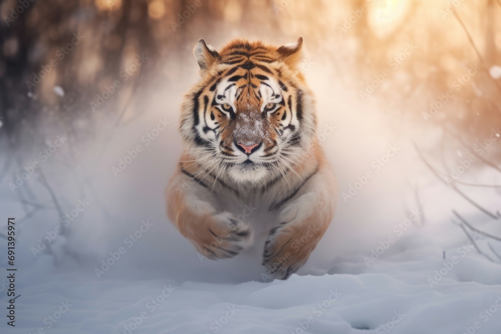 Siberian Tiger Pouncing in Snowy Wilderness