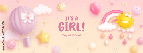 Baby shower horizontal banner with cartoon hot air balloon, rainbow, sun, clouds, helium balloons and flowers on pink background. It's a girl. Vector illustration
