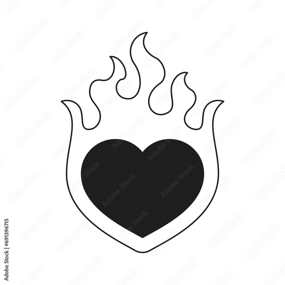 Y2k burning flame heart romantic love and passion monochrome line retro groovy icon vector