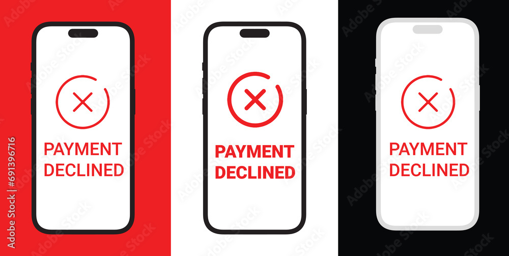 Rejected payment or transaction. Mobile phone online payment failed on red screen, declined transaction invalid purchase. payment failed error try again, Concept banking online shopping mobile paymen