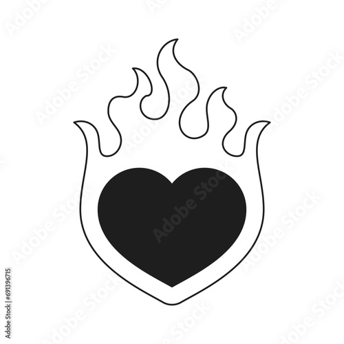 Y2k burning flame heart romantic love and passion monochrome line retro groovy icon vector