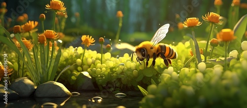 Bees pollinate food crops cute 3d anime style. bee sunflower photo