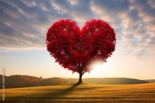 A massive red tree standing alone, shaped like a heart, amidst a serene meadow