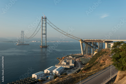 Osman Gazi Bridge (Izmit Bay Bridge). Izmit, Kocaeli, Turkey. Construction of a new road bridge continues across the Marmara Sea.