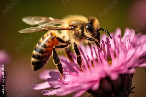 A diligent bee diligently collecting pollen from vibrant flowers